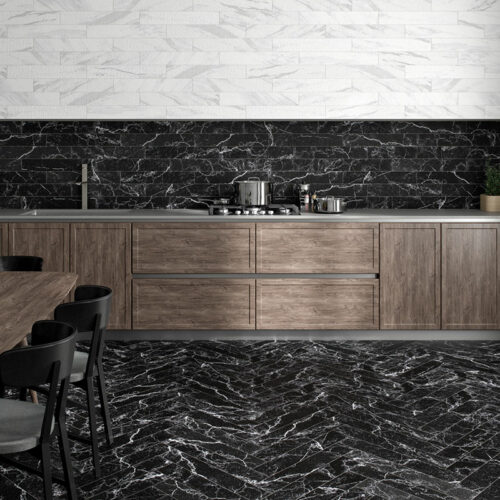 1 ALBION Black 4x24 porcelain wall tile QDI Surfaces product room scene 800x800 1