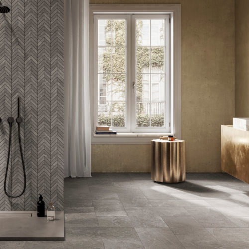 Absolute Slate 14x16 herringbone mosaic tile grey QDI Surfaces 3