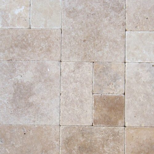 Ancient Castle Travertine Paver 3 pc Roman Pattern Tumbled Brown Tan Beige Cream Gray White Outdoor Floor Wall Pool Patio Backyard Tub