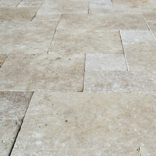 English Walnut Travertine Paver Versailles Pattern Tumbled Beige Cream Tan Brown White Gray Outdoor Floor Wall Pool Patio Backyard Tub