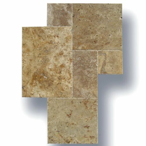 English Walnut Travertine Tile Versailles Pattern Unfilled Brushed Chiseled Edge Floor Wall Backsplash Countertop Tub Shower Vanity Tan Brown Beige Cream QDIsurfaces