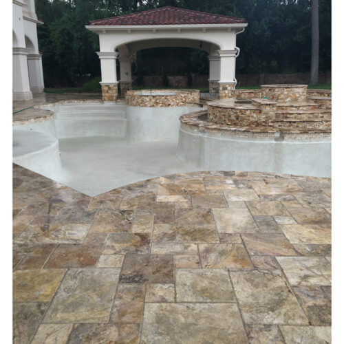 Fantastico Classic Travertine Paver Versailles Pattern Brushed Chiseled Edge Beige Cream Tan Brown White Gray Outdoor Floor Wall Pool