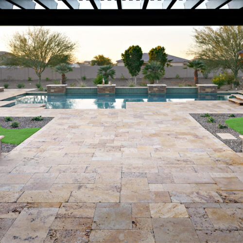 Gold Travertine Paver Versailles Pattern Tumbled 10 Tan Brown Beige Cream Yellow Gold Outdoor Floor Wall Pool Patio Backyard Tub Shower Vanity