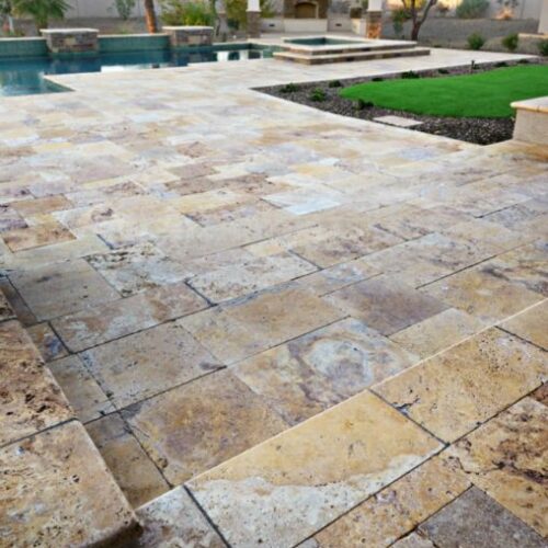 Gold Travertine Paver Versailles Pattern Tumbled 3 Tan Brown Beige Cream Yellow Gold Outdoor Floor Wall Pool Patio Backyard Tub Shower Vanity