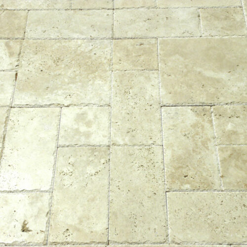 Ivory Beige Travertine Paver 3pc Roman Pattern Unfilled Brushed Chiseled Edge Beige Cream White Outdoor Floor Wall Pool Patio Backyard Tub