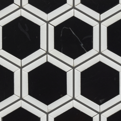 Kaleidoscope Black White 14x10 Marble Mosaic Tile QDI Surfaces 1