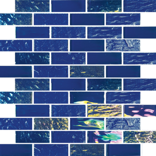 QDI Light Travertine Paver and Nautical Naval Blue Glass Mosaic