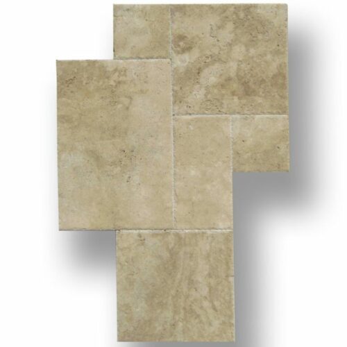 QDI Walnut Travertine Tile Versailles Pattern Brushed Chiseled Tan Brown Beige Gray White Floor Wall Backsplash Counter Tub Shower Vanity