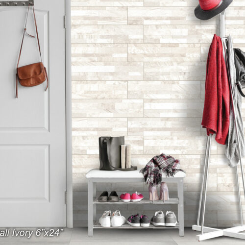 ROCKWALL Ivory 6x24 Glazed Porcelain Wall Tile QDI Surfaces Room Scene