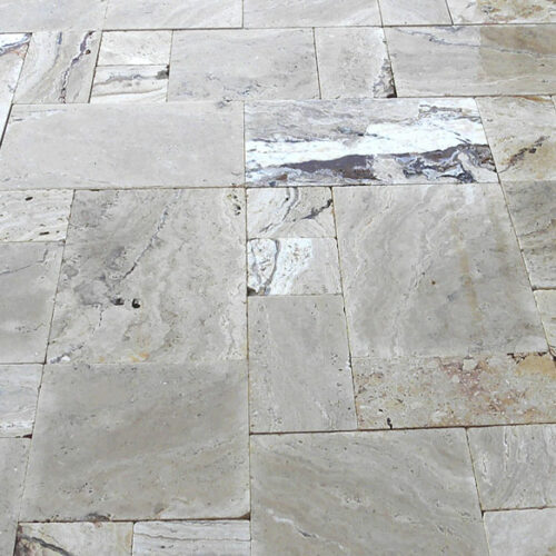 Riviera Travertine Paver Versailles Pattern Tumbled 2 Tan Brown Beige Cream White Gray Outdoor Floor Wall Pool Patio Backyard Tub Shower Vanity