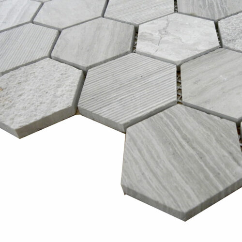 Wooden Gray Limestone Mosaic Tile Hexagon Honed Striated Bush Hammered 2 Gray White Indoor Floor Wall Backsplash Tub Shower Vanity QDI