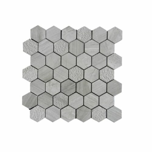 Wooden Gray Limestone Mosaic Tile Hexagon Honed Striated Bush Hammered Gray White Indoor Floor Wall Backsplash Tub Shower Vanity QDI